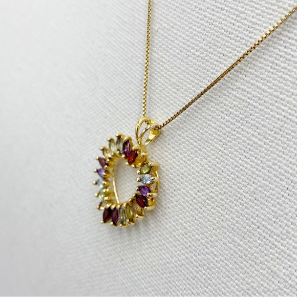 Vermeil Sterling Silver 925 Heart Multi Color Stones Pendant Necklace - Picture 5 of 12